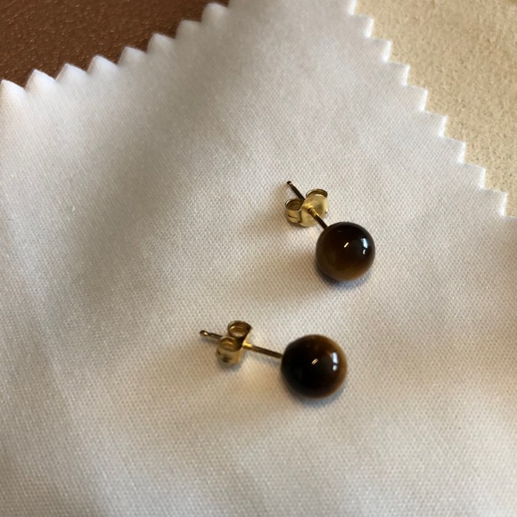 14K Yellow Gold Petite Tiger Eye Ball Earrings - NWOT - Picture 3 of 4